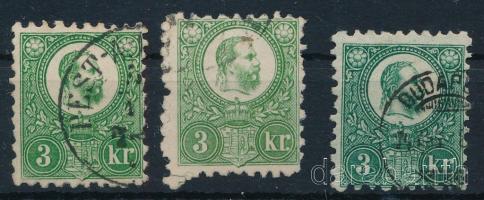 1871 Réznyomat 3 db 3kr eltérő zöld színárnyalatban