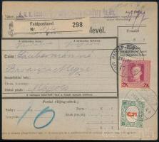 1918 Tábori csomagszállító 2K bélyeggel és 5f portóval "HP 172" - "MÁGOCS" / Field post parcel card with 2K franking to Hungary, with 5f postage due stamp