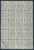 1874 Távírda 50kr 20-as tömb, a jobb alsó bélyegen jelentős papírránc / T14 block of 20 with paper crease (fogelválások / aparted petfs.)