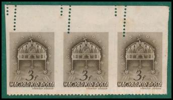 1941 Templom (II.) 3f ívszéli 3-as csík elfogazással / Mi 666 stripe of 3 with shifted perforation (rozsdafoltok / stain)