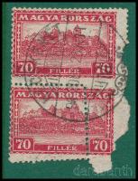 1926 Pengő-fillér 70f függőleges pár ívbehajlás miatt komoly elfogazás / Mi 426 pair with shifted perforation
