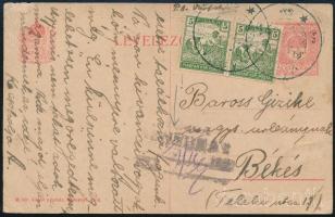 1919 Cenzúrázott levelezőlap 2 db bélyeggel Várfalváról Békésre / Censored postcard