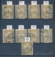1900 Turul 6f zöldesolaj színű bélyegek a 4 klf vízjelállással, a 4 klf számvízjelállással, illetve csillagidom vízjellel. Ritka kínálat! (~84.000)