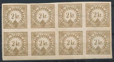 1888 Hírlapilleték bélyeg 2kr ívszéli nyolcas tömb, B1 vízjelállással, szép minőségben / Newspaper duty stamp 2kr margin block of 8, watermark position B1, nice condition