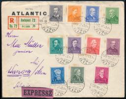 1936 Ajánlott expressz levélen Arcképek sor 11 értéke, Budapestről Svájcba / Registered expressz cover to Switzerland with 11 stamps