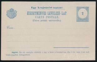 1882 2kr díjjegyes, használatlan hirdetményes levelezőlap