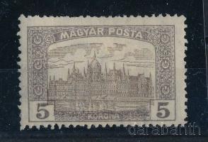 1919 Magyar Posta 5K lecsúszott Parlamenttel a bélyegképben