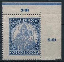 1921 Koronás Madonna 200K ívsarki bélyeg erősen elfogzva