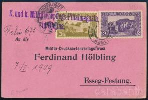 1909 Tábori levelezőlap 2 bélyeggel / Field postcard with 2 stamps \"K. und k. Miliatverpflegs Filialmagazin in Bjelina\"