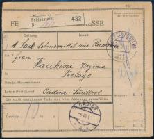 1918 Tábori csomagszállító portózva / Field post parcel card with postage due FP 411 CADINE
