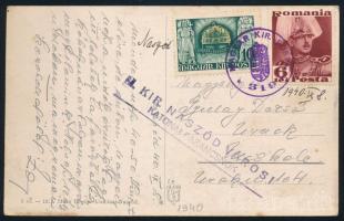 1940 Képeslap magyar és román bélyeggel, lila "MAGYAR KIR. POSTA / 319" - Naszód