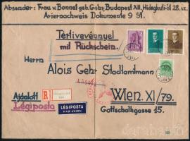 1941.12.02. 6. súlyfokozatú ajánlott tértivevényes légiposta levél Bécsbe küldve, többszöri cenzúrával, rendkívül ritka 3,30P bérmentesítéssel (Horthy 1P + 2P, Templom 6f + 30f)
