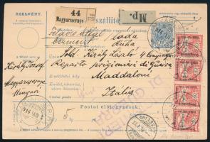 1916 Szállítólevél Magyarcsernyéről Olaszországba Turul 20f + Hadisegély 4 x 10f vegyes bérmentesítéssel egy magyar hadifogolynak küldve, "PRIGIONIERI DI GUERRA"