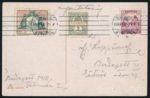 1918 Képeslap Arató 3f és Sürgős bélyeggel + a Hadsegélyező Hivatal segélybélyegével