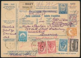 1929 Szállítólevél Keskeny Madonna 2 x 2P + 5P bélyeggel az USA-ba, "BUDAPEST"