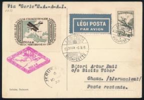 1933 Gerle légi levelezőlap Repülő 72f bélyeggel Gázába (Jeruzsálem) küldve