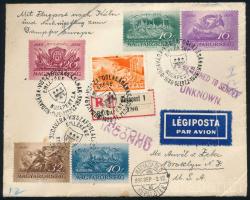 1936 Légi levél az USA-ba 6 db bélyeggel, 11 db bélyegzéssel, feladóvevénnyel, visszaküldve a feladónak