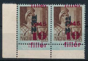 1946 Betűs Tl.2./10f/4f ívsarki pár elcsúszott piros, és kettős fekete felülnyomással