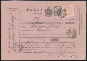 1876 Postautalvány távirat útján 500Ft összeggel. Réznyomat 25kr + Színesszámú 5kr nagyon szép vegyes bérmentesítéssel "BUDAPEST FŐPOSTA UTALVÁNY PÉNZTÁR" - "ZIMONY ZEM"