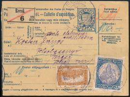 1923 Csomagszállító Koronás Madonna 200K + Parlament 100K bérmentesítéssel "RECSK" - "ERCSI"