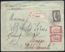 1921 Ajánlott levél 5K bérmentesítéssel (2 bélyeg sérülten felragasztva) Budapestről Velencébe, majd továbbküldve Rómába / Registered cover with 5K franking (2 stamps damaged) to Venice,