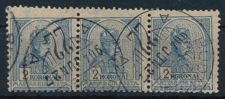 1900 Turul 2K elfogazott hármascsík, 4. vízjelállás / Mi 68 stripe of 3 with shifted perforation, watermark position 4.
