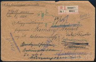 1920 Ajánlott levél Budapestről többszörösen továbbküldve, majd visszaküldve / Registered cover from Budapest, several times redirected, returned