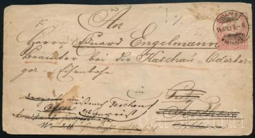 1874 5kr díjjegyes boríték többszörösen után küldve, 8 érkezési bélyegzéssel