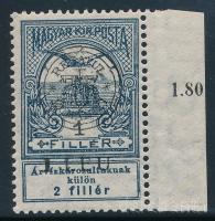 Kolozsvár 1919 Árvíz ívszéli 1f, Bodor vizsgálójellel (az ívszélen falc / hinged margin)