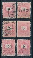 1888 6 db Feketeszámú 5kr alaplemez javítással, kitörésekkel