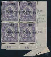 Baranya I. 1919 Hadisegély 15f ívsarki 4-es tömb, antikva számokkal, ívbehajlás miatt az ívszél elfogazással, Bodor vizsgálójellel