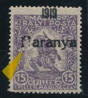 Baranya I. 1919 Hadisegély 15f a felülnyomás lemezhibájával, Bodor vizsgálójellel