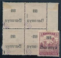 Baranya I. 1919 Arató 3f ívszéli 4-es tömb a felülnyomás gépszínátnyomatával + 3f, Bodor vizsgálójellel