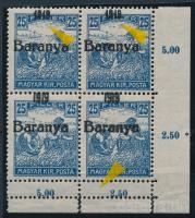 Baranya I. 1919 Arató 25f ívsarki 4-es tömb. a felső 2 bélyeg antikva számokkal, alul kettős fogazással, Bodor vizsgálójellel