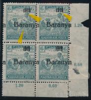 Baranya I. 1919 Arató 6f ívsarki 4-es tömb, a felső 2 bélyeg antikva számokkal, Bodor vizsgálójellel (fogelválások / aparted perfs.)