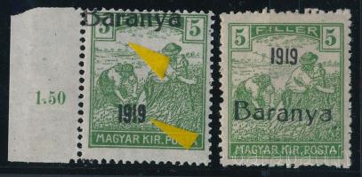 Baranya I. 1919 Arató 5f eltolódott felülnyomással + támpéldány, Bodor vizsgálójellel