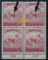 Baranya I. 1919 Arató 3f ívszéli 4-es tömb, a felső két bélyeg antikva évszámokkal, Bodor vizsgálójellel