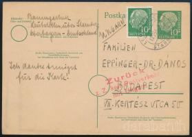 1956 dec 12 Levelezőlap az NSZK-ból Budapestre, a postaforgalom szünetelése miatt visszaküldve