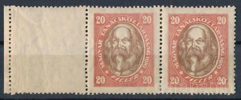 1919 Magyar Tanácsköztársasági arcképek 20f pár bal oldali üres mezővel, álló vízjellel (56.000)