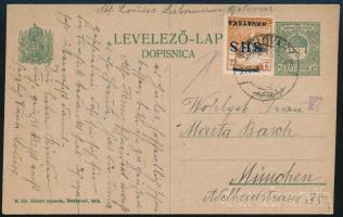 1919 8f díjjegyes magyar levelezőlap SHS Arató 2f díjkiegészítéssel Münchenbe küldve, Bodor vizsgálójellel