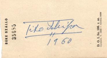 1960 Tito Schipa világhírű olasz operaénekes saját kezű aláírása a Béke szálló számolócéduláján