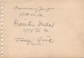 1958 Műcsarnoki Öszi Tárlat kiállító művészei: Barcsay Jenő, Kántor Andor, Fónyi Géza (Frimmel) festőművészek saját kezű aláírása füzetlapon