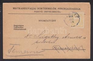 1913 Mátrahegyaljai bor árjegyzék és megrendelő válasz-levelezőlappal