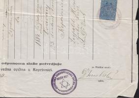 1939 Isaac Kohn koprovnicai rabbi által aláírt születési anyakönyvi kivonat / Birth certificate signed by the rabbi of koprivnica
