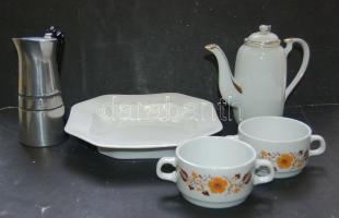 Jelzés nélküli porcelán teás kiöntő 18 cm magas, aranyozott + XX. századi kotyogós kávéfőző 16 cm magas és egy pecséttel jelzett négyszögletes porcelán tál 23x23 cm + 2 db Alföldi jelzéssel ellátott kétfüles teáscsésze