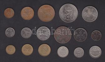 Norvégia 1943-73 1ö (2x),2ö (2x),5ö (2x),10ö,25ö,50ö,1K,5K + Románia 1952-66 1B,3B,5B (2x),10B,15B T...