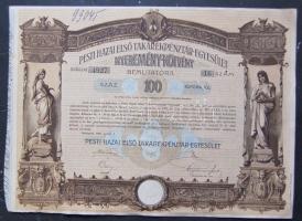 1906 Pesti Hazai Első Takarékpénztár-Egyesület Nyeremény-kötvénye 100K-ról szelvényekkel T:3