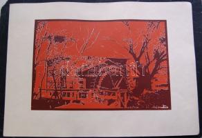 Ábrahám Rafael (1929): Vizimalom: színes linometszet, jelzett 44x60 cm