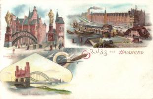 Hamburg docks with customs offices litho