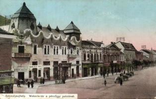 Sátoraljaújhely Wekerle tér a pénzügyi palotával, Barna Dezső, Szabó Pál és Kornstein Jenő üzleteivel (EK)